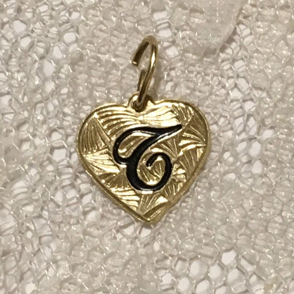 Vintage 14k Yellow Gold Heart Pendant or Charm Black Enamel Initial "T"